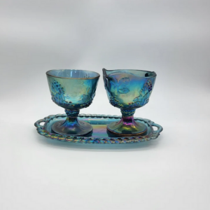 Indiana Harvest Grape Blue Creamer and Sugar Bowl Set w/tray