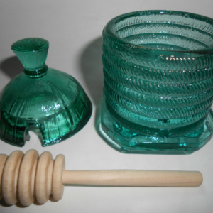 L. E. Smith Glass Company Teal Honey Pot w/wooden dipper