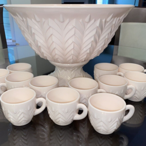 Jeannette Pink Milk Glass Feather Pedestal Punch Bowl Set w/12 Cups