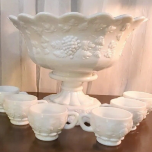 Westmoreland White Milk Glass Paneled Grape Punch Bowl and Stand w/ ladle and 12 Cups